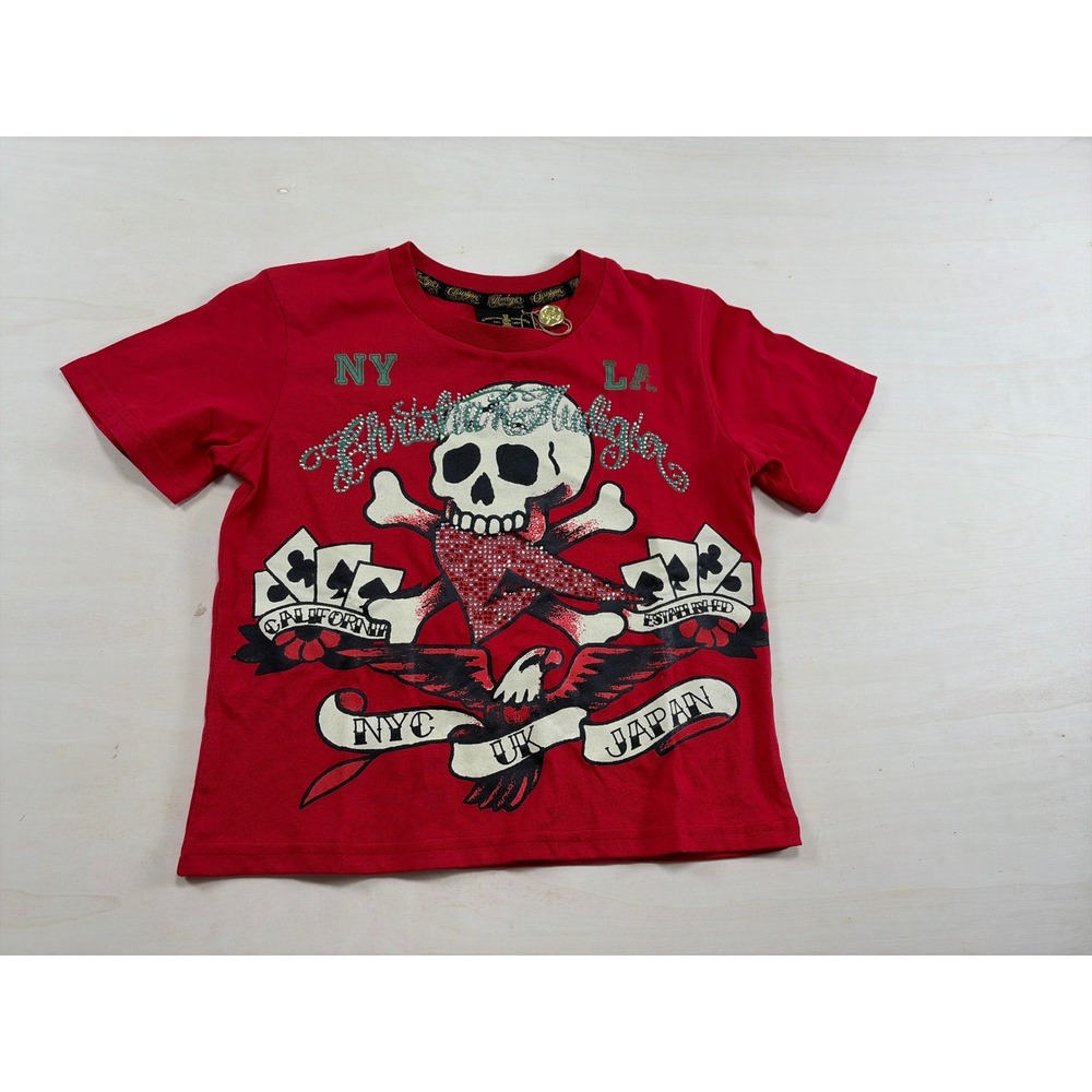 Christian Audigier Red Rhinestone Skull Graphic T-Shirt Small Y2K Los Angeles